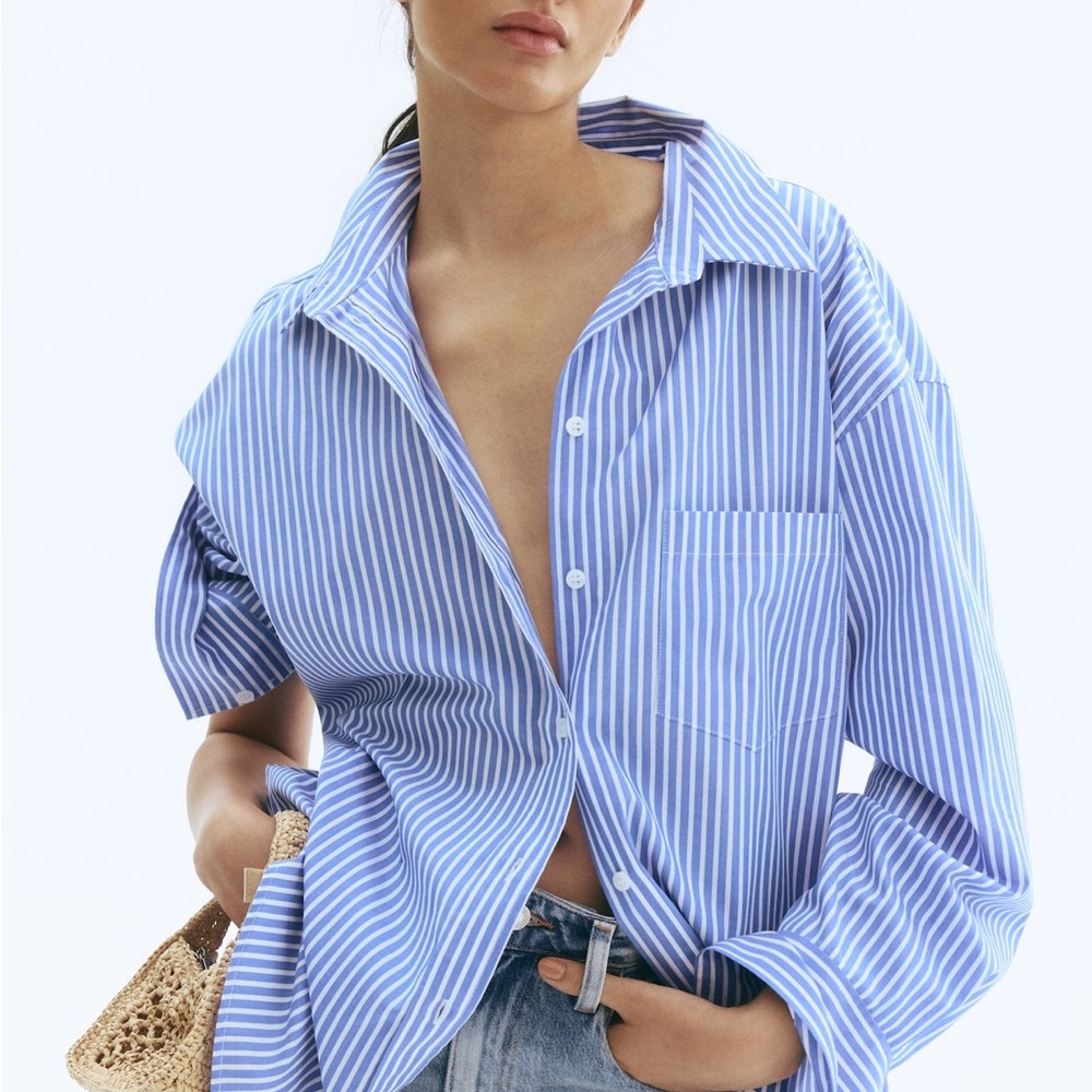 H&M Blue and White Striped Oversized Cotton Poplin Button Down Shirt